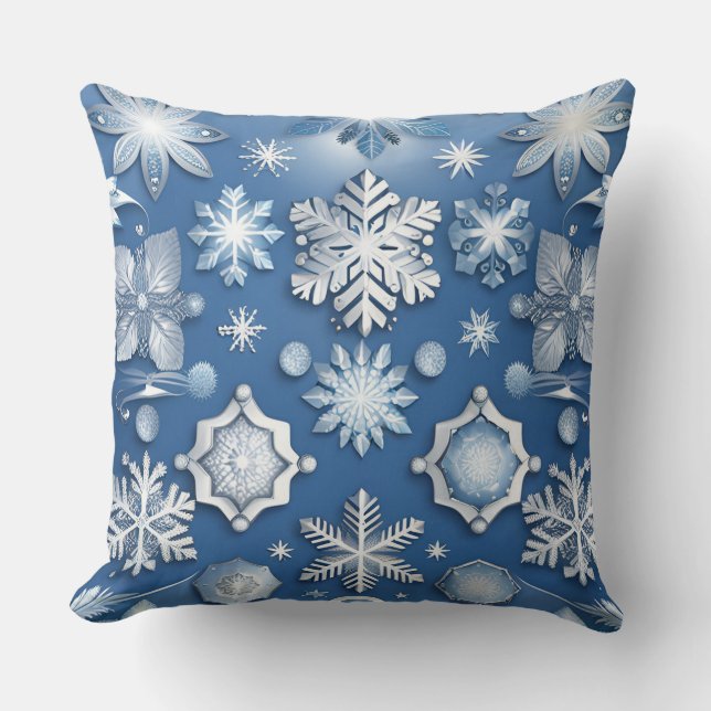 Ice Blue Snowflake Motif Throw Pillow (Front)