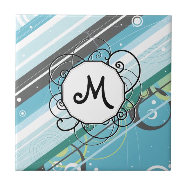 Ice Blue & Teal Modern-Retro Stripes with Monogram Tile (Front)