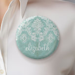 Ice Blue Vintage Damask Pattern with Grungy Finish 2 Inch Round Button<br><div class="desc">A vintage pattern with a chalkboard and lace design. Look closely to the flowers and leaves.A trendy design with jewel tone colours and elegance. Items are easier to customize when you replace all text and photos first. If your art still needs to be adjusted, click on the Customize This button....</div>