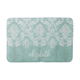 Ice Blue Vintage Damask Pattern with Grungy Finish Bath Mat