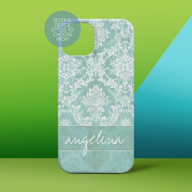Ice Blue Vintage Damask Pattern with Grungy Finish Case-Mate iPhone Case (Personalized Phone Case)