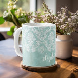 Ice Blue Vintage Damask Pattern with Grungy Finish Coffee Mug<br><div class="desc">A vintage pattern with a chalkboard and lace design. Look closely to the flowers and leaves.A trendy design with jewel tone colours and elegance. Items are easier to customize when you replace all text and photos first. If your art still needs to be adjusted, click on the Customize This button....</div>