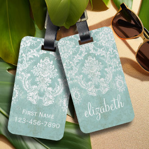 Ice Blue Vintage Damask Pattern with Grungy Finish Luggage Tag