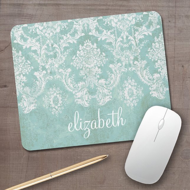 Ice Blue Vintage Damask Pattern with Grungy Finish Mouse Pad (Personalized Mousepad - Add Your  Text)