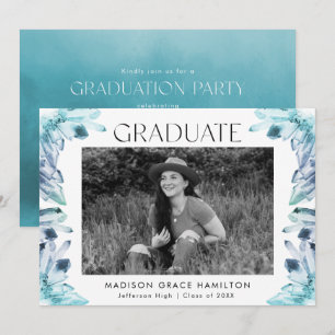 Ice Blue Watercolor Crystal Photo Graduation Party Invitation