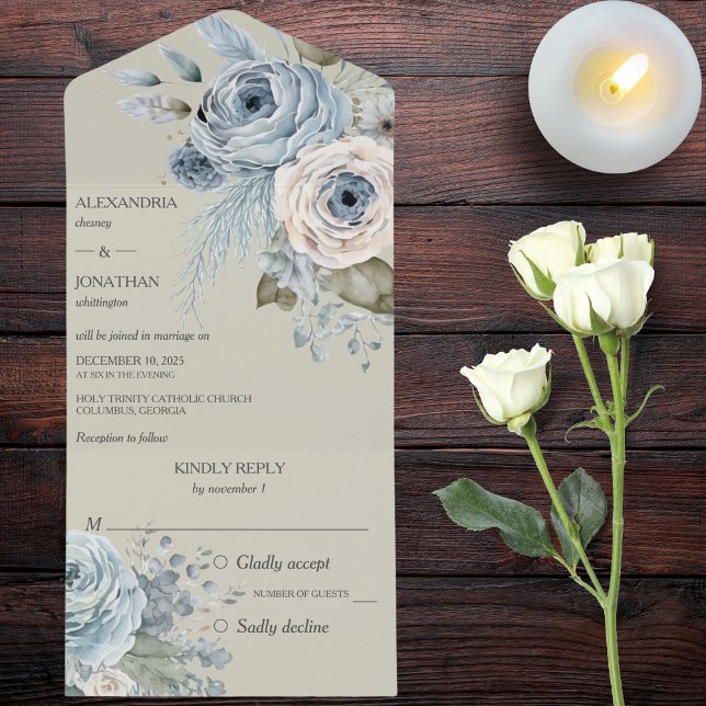 Ice Blue Winter Floral on Sage Green All In One Invitation (Also available with QR code. )