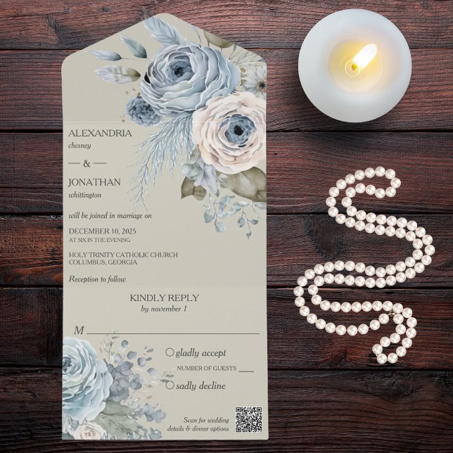 Ice Blue Winter Floral on Sage Green QR Code All In One Invitation (Also available without QR code. )