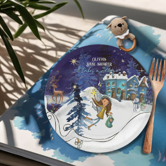 Ice Blue Winter Village Baby Shower | Swirl Frame Paper Plate