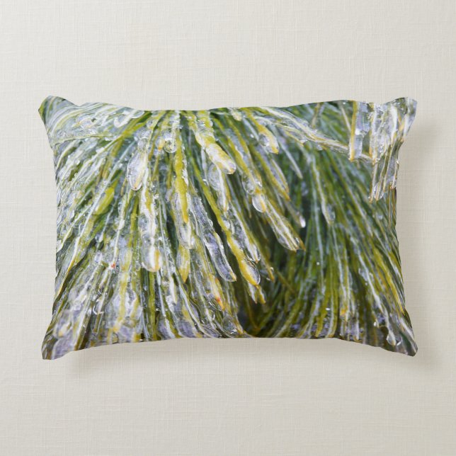 Ice Coated Pine Needles Winter Botanical Accent Pillow (Front)