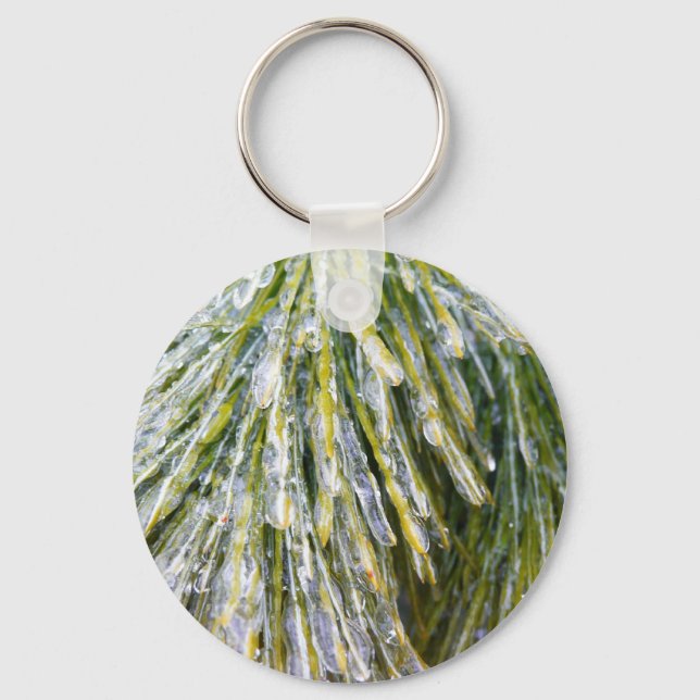 Ice Coated Pine Needles Winter Botanical Keychain (Front)