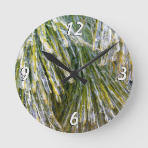 Ice Coated Pine Needles Winter Botanical Round Clock