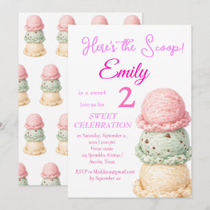 Ice Cream 2nd Birthday Girl Pink Watercolor  Invitation