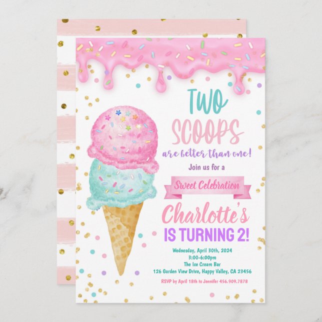 Ice Cream 2nd Birthday Party 2 Scoops Better  Invitation (Front/Back)