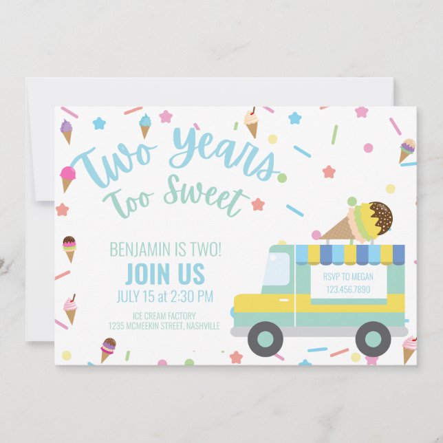 Ice Cream 2nd Second Birthday Siblings, Twins Invitation (Front)