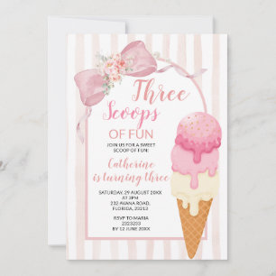 Ice Cream 3rd Birthday Party Three Scoops of Fun  Invitation