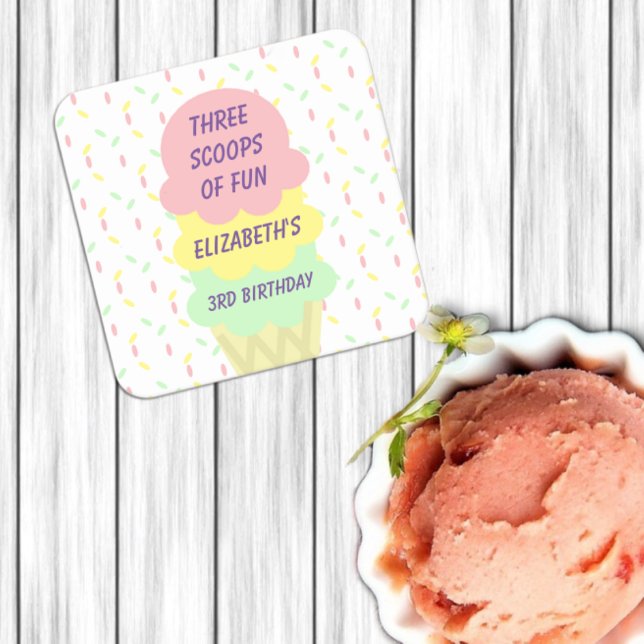 Ice Cream 3rd Birthday Square Paper Coaster (Creator Uploaded)