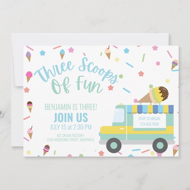 Ice Cream 3RD Third Birthday Sibling Triplets Twin Invitation (Front)