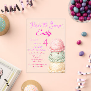 Ice Cream 4th Birthday Girl Pink Watercolor  Acrylic Invitations