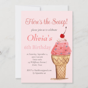 Ice Cream 6th Birthday Girl Pink Watercolor Invitation
