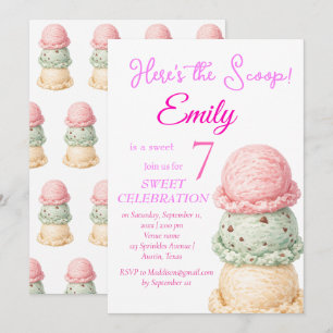 Ice Cream 7th Birthday Girl Pink Watercolor Invitation
