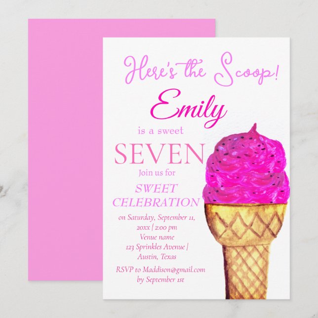 Ice Cream 7th Birthday Girl Pink Watercolor Invitation (Front/Back)