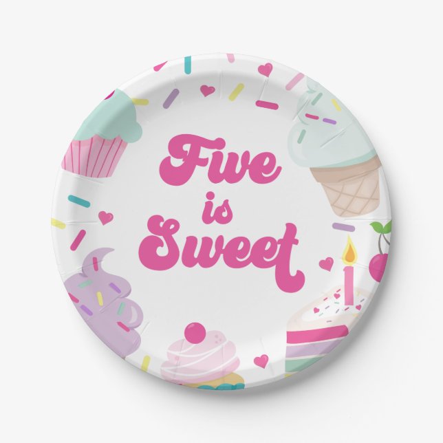 Ice Cream and Cake Five is Sweet 5th Birthday Paper Plate (Front)