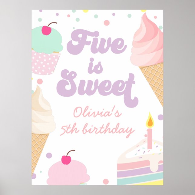 Ice Cream and Cake Five is Sweet 5th Birthday Poster (Front)