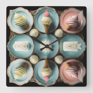 Ice cream and cakes on plates square wall clock
