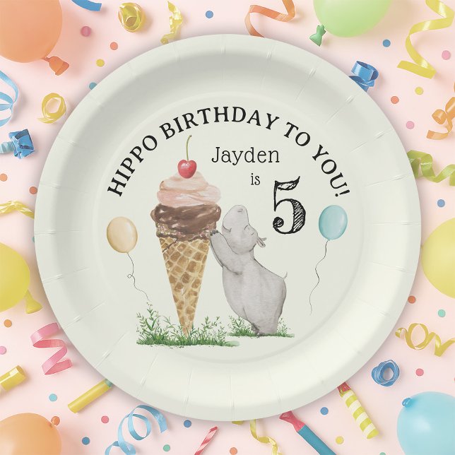 Ice Cream and Hippo Birthday Party  Paper Plate (Ice Cream and Hippo Birthday Party Paper Plates)
