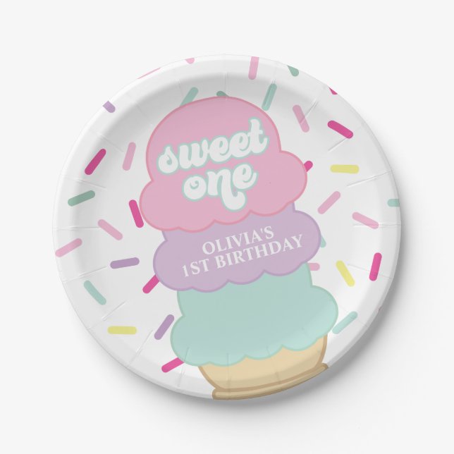 Ice Cream and Sprinkles Sweet One 1st Birthday Pap Paper Plate (Front)