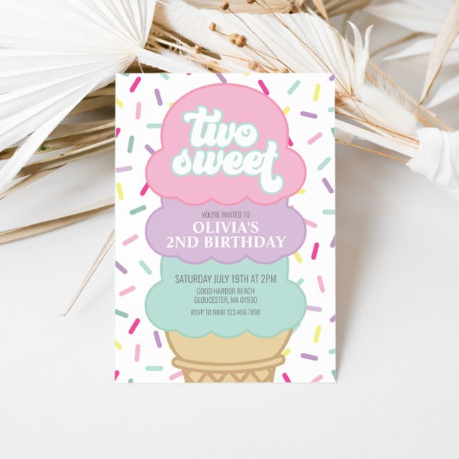 Ice Cream and Sprinkles Two Sweet 2nd Birthday Invitation (Creator Uploaded)