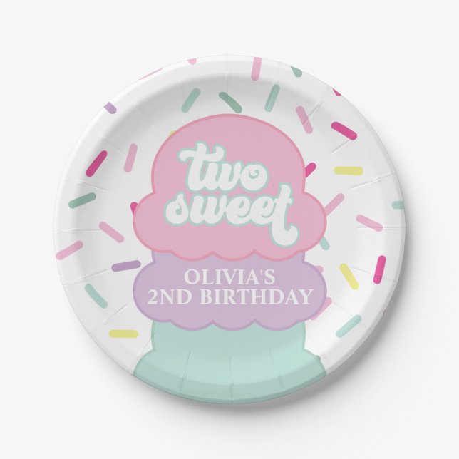 Ice Cream and Sprinkles Two Sweet 2nd Birthday Paper Plate (Front)