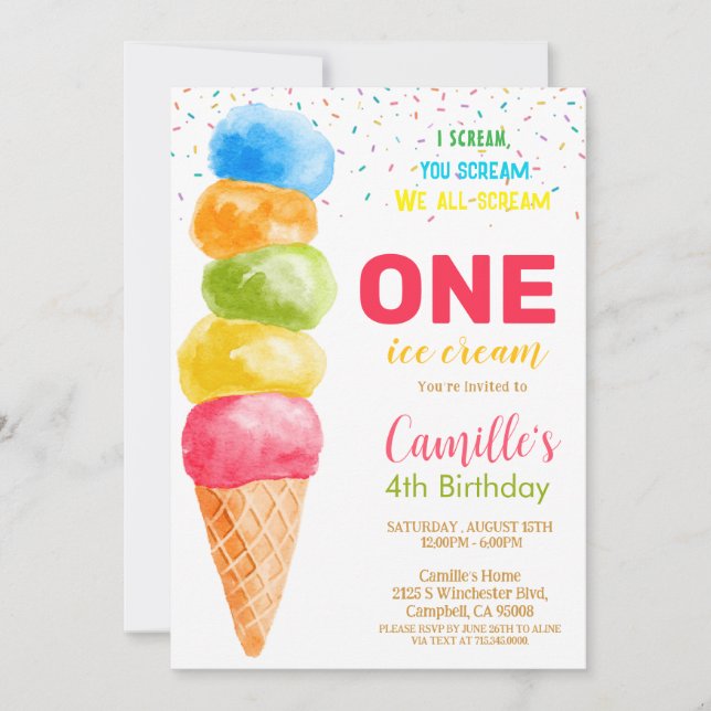  Ice Cream  any age Girl Birthday Party Invitation (Front)