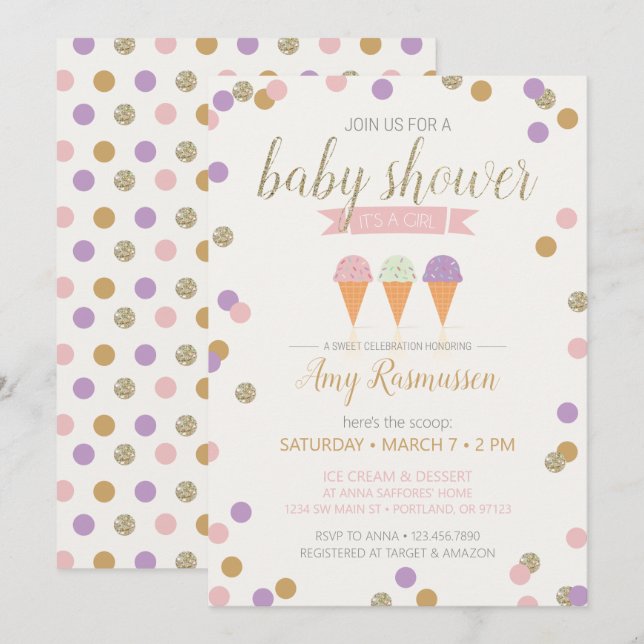 Ice Cream Baby Shower Invitation - It's a Girl (Front/Back)