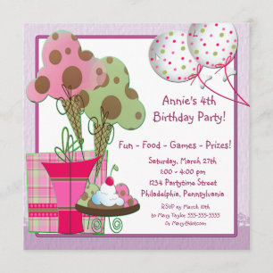 Ice Cream Balloons Girls 4th Birthday Party Invitation