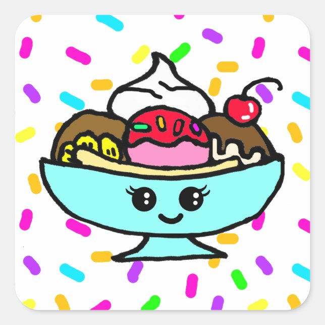 Ice Cream Banana Split Birthday Party Square Sticker (Front)
