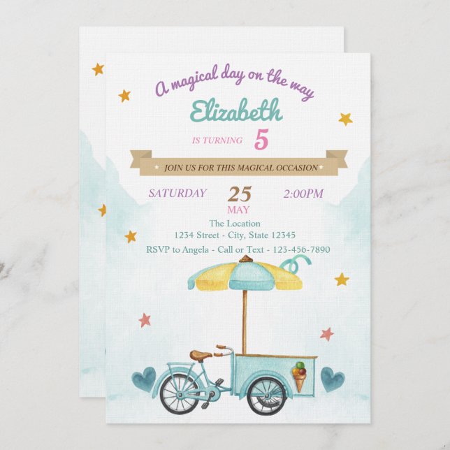Ice Cream Bicycle,Cones, Birthday  Invitation (Front/Back)