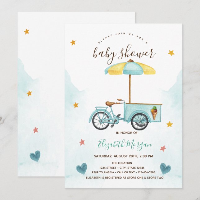 Ice Cream Bicycle Pink Striped Baby Shower  Invitation (Front/Back)