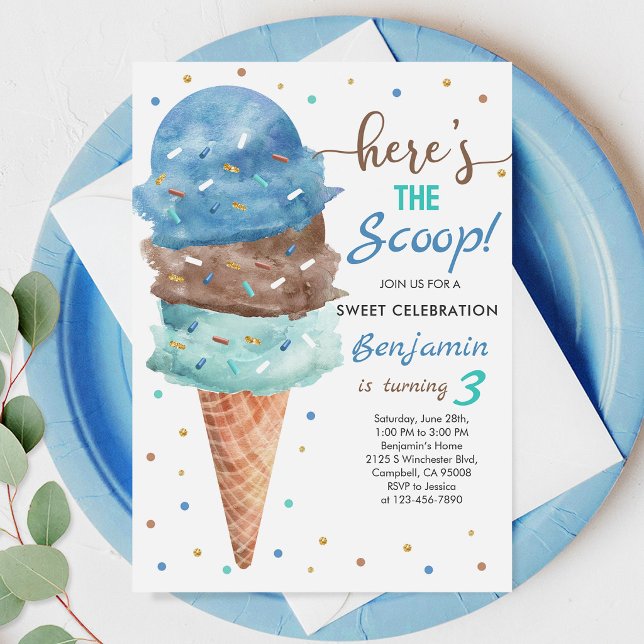 Ice Cream Birthday: Blue Mint Cone Invitation (Creator Uploaded)