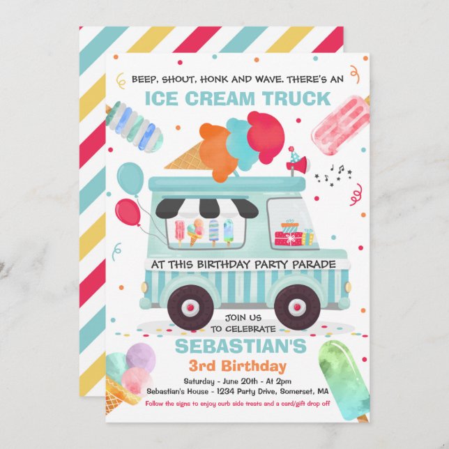 Ice Cream Birthday Party Drive By Birthday Parade Invitation (Front/Back)