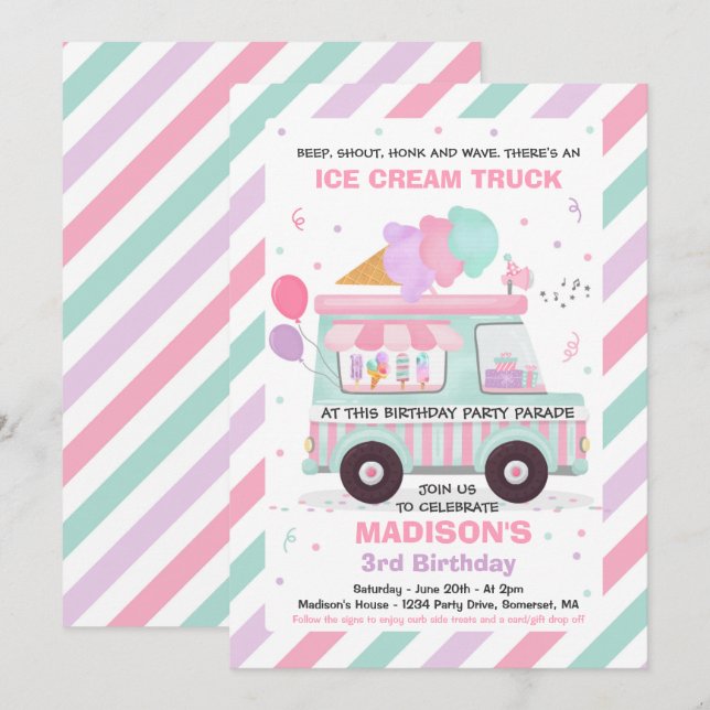 Ice Cream Birthday Party Drive By Birthday Parade Invitation (Front/Back)