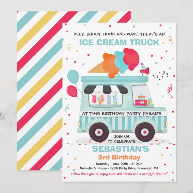 Ice Cream Birthday Party Drive By Birthday Parade Invitation (Front/Back)
