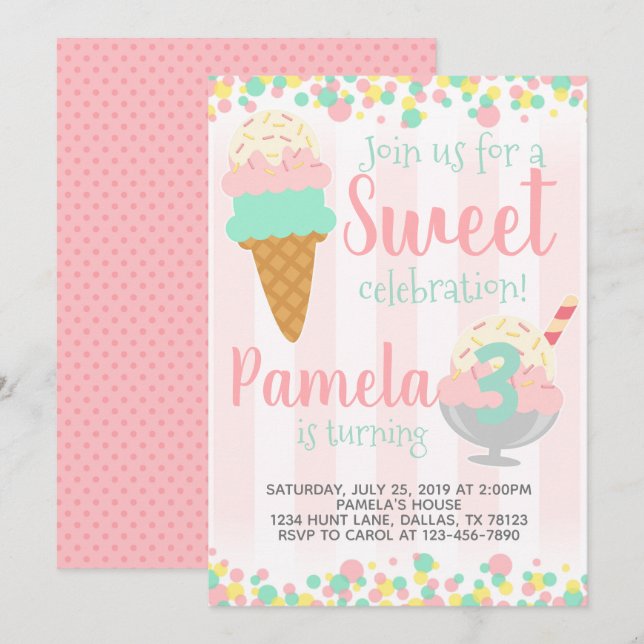 Ice Cream Birthday Party Invitation Invite (Front/Back)