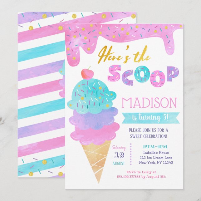 Ice Cream Birthday Party Invitation Two Sweet  (Front/Back)