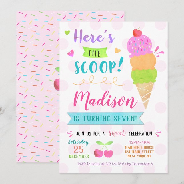 Ice Cream Birthday Party Invitations (Front/Back)
