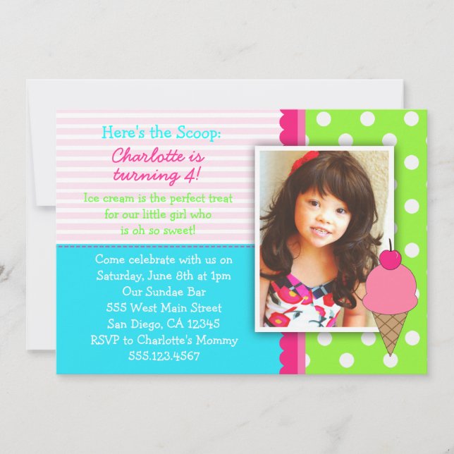 Ice Cream Birthday Party Invitations For Girls (Front)