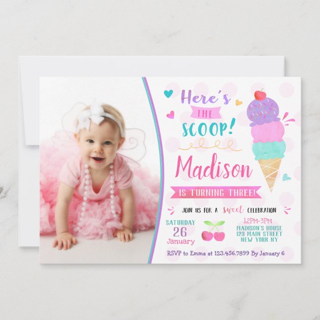 Ice Cream Birthday Party Invitations with Photo (Front)
