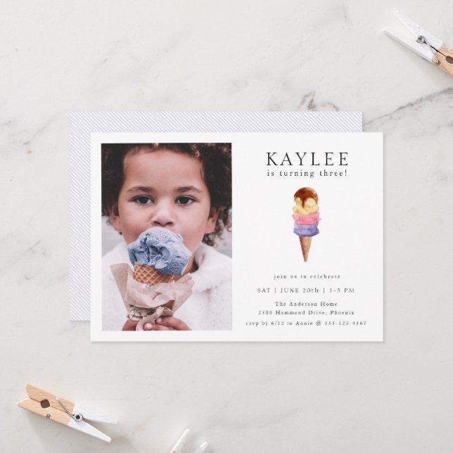 Ice Cream Birthday Party Photo Invitation (Front/Back In Situ)