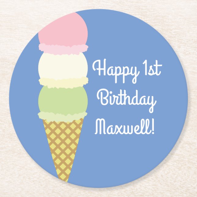 Ice Cream Birthday Party Round Paper Coaster (Front)