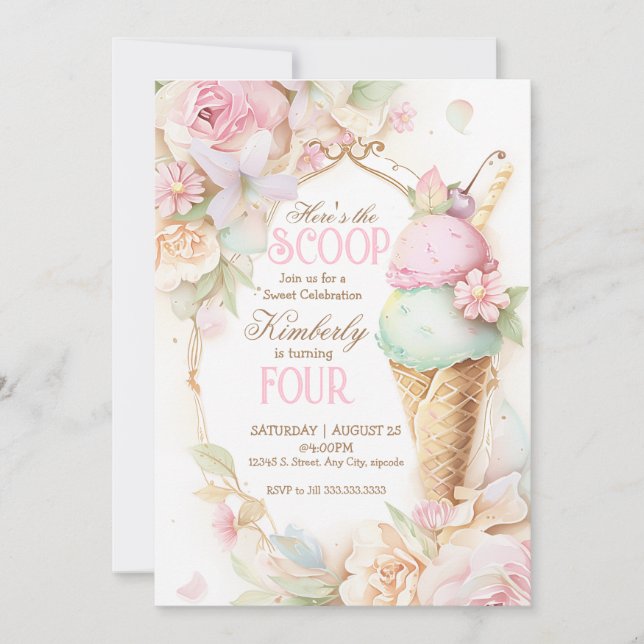 Ice cream birthday, Pink ice cream vintage Invitation (Front)